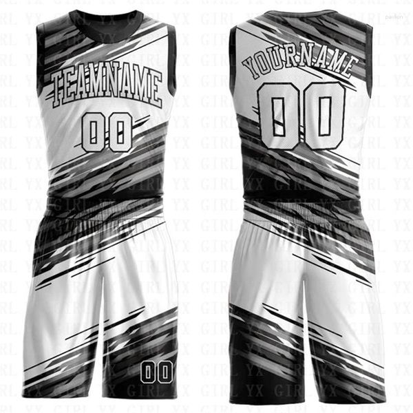 Agasalhos masculinos personalizados preto branco-prateado cinza sublimação de gola redonda Terno de basquete Jersey impresso em 3D Regatas e shorts personalizados