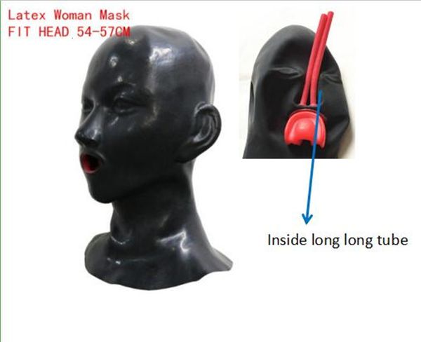 Máscaras de festa 3D máscara de capuz humano de látex olhos fechados capuz de fetiche com bainha de boca vermelha tubo de nariz de língua 230625