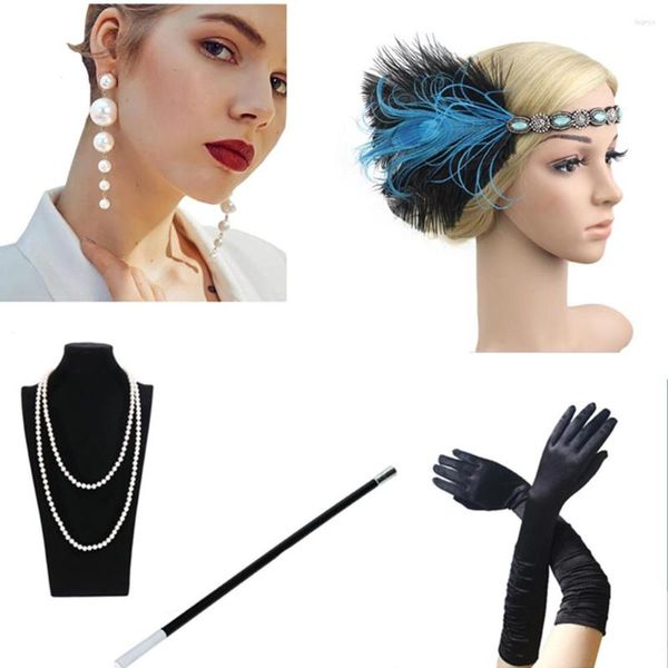 Forniture per feste Orecchino di perle da donna Fascia per capelli con piume 5 pezzi Set Guanti Collana Flapper Bocchino 1920S Great Gatsby Headwear