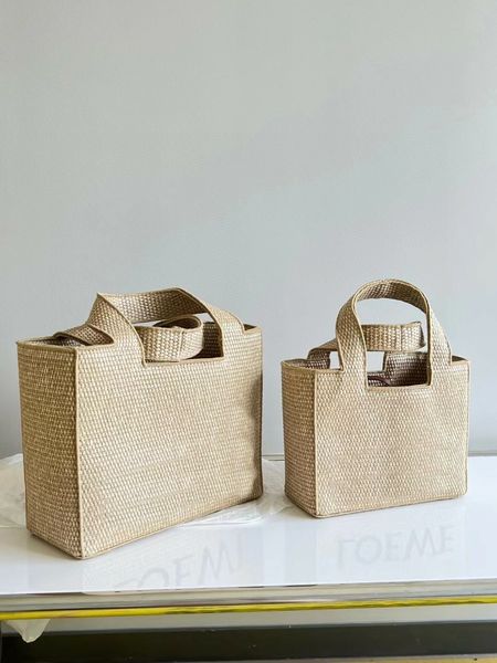 Designer Pequeno Raffia Fonte Bolsas de praia Bolsas de praia Forma de cubo de palha artesanal Teralmente Bolsa Bola Removível de Viagem Verão Bolsas de ombro de Letter Bordado de palha