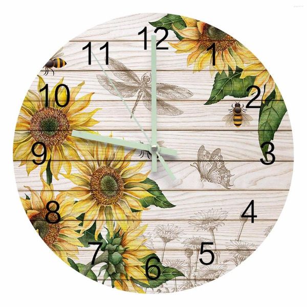 Orologi da parete Girasole Ape Farfalla Struttura in legno Orologio puntatore luminoso Ornamenti per la casa Rotondo Silenzioso Soggiorno Decorazioni per ufficio