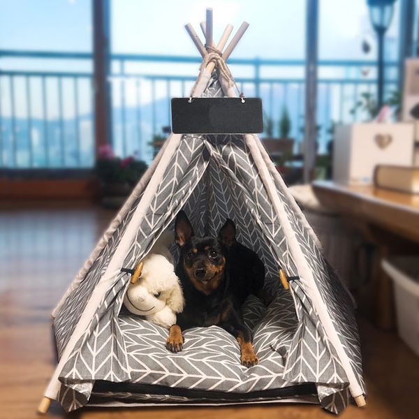 Kennels Pens Pet Teepee Köpek Kedi Yatağı Beyaz Tuval Köpek Sevimli Ev Taşınabilir Çıkarılabilir ve Yıkanabilir Köpek Çadırları Köpek Yavru Kedi Yastık 230625