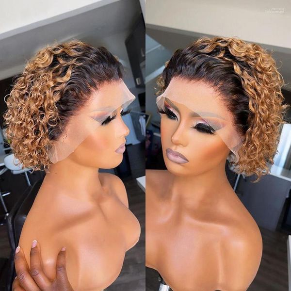 Honey Blonde Pixie Cut Wig Pré-depilado Ombre Bob 13X4 Lace Front Wigs Curto Encaracolado Cabelo Humano 250% Water Wave Brasileiro