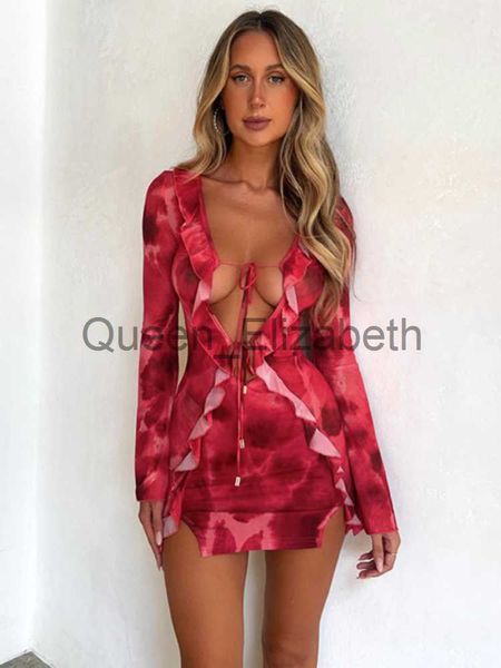 Abiti casual Summer Stampa mini abito sexy Mesh See sebbene Ruffle Bodycon Banda Bandage Club Long Club Party Beach Outfits 2023 J230625