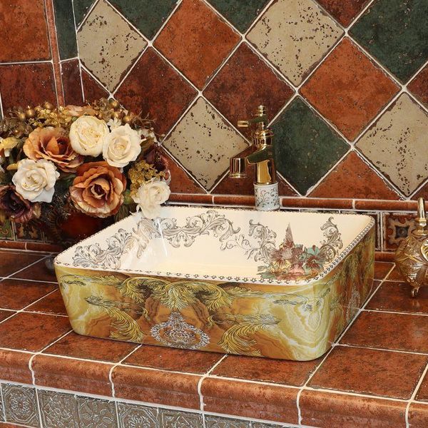 Fabbrica di Jingdezhen direttamente arte dipinta a mano in ceramica lavabo per capelli lavelli da bagno rettangolari Jsxjv