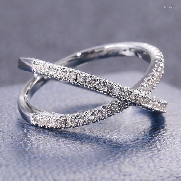 Cluster Ringe Eun Ho Luxus Kreuz X Form Frauen Verlobungsring Voll Gepflasterte CZ Stein Silber Farbe Elegante Einfache Weibliche schmuck
