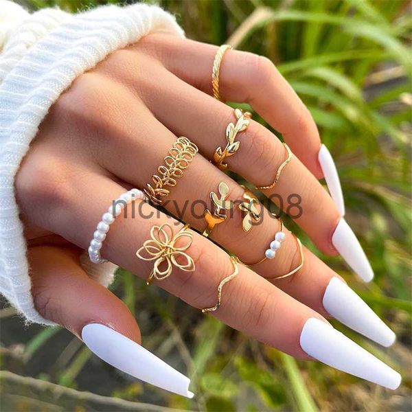 Bandringe 5 Stücke/10 Stücke Imitation Perle Blatt Blume Ringe Set Für Frauen Strass Schmetterling Fingerring Metall Knuckle Fingerring Schmuck x0625