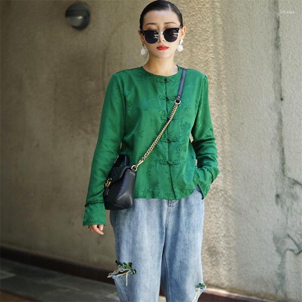 Damenjacken High-End-Frühlings-Seiden-Jacquard-Scheibenknopf-dünnes Hemd im chinesischen Stil Frauen Jadegrün Elegantes Mulberry-Top S-XL