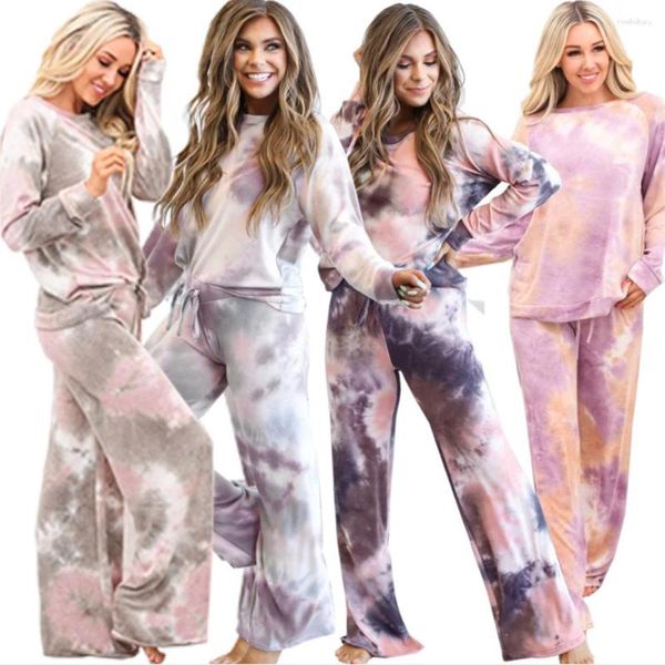 Calças femininas de duas peças conjunto tie dye agasalho roupas femininas pulôver top e perna larga femme esporte jogging roupas femininas lounge outfits