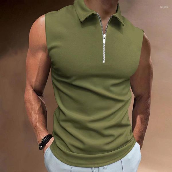 Herren-Tanktops, modisch, ärmellos, Umlegekragen, Reißverschluss, Weste, Hemd, Herren, Sommer, Freizeitkleidung, solides Polo, Streetwear, Herren-Unterhemd