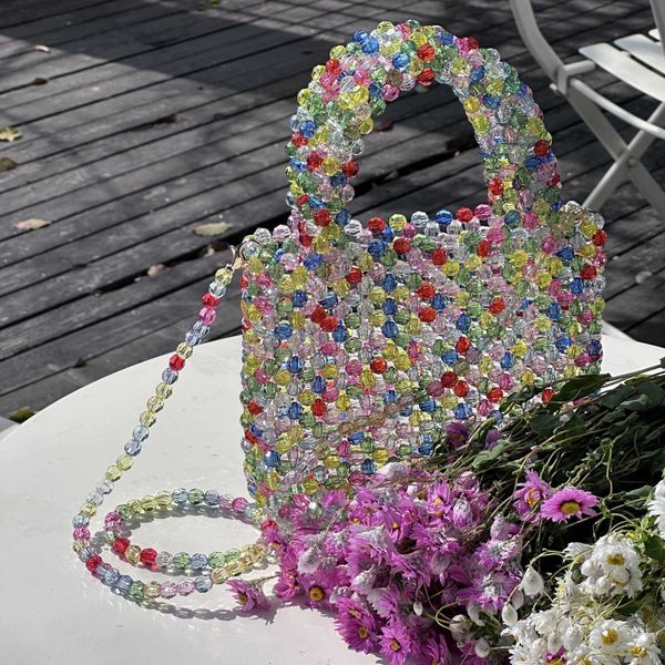 Sommerliche Diagonal-Cross-Tasche mit gemischten Farben und Perlen, Modeling Sense, handgefertigte Irideszenz-Acryltasche, Damen 230625