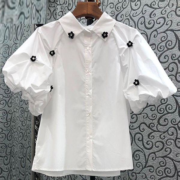 Blusas Femininas Estilo Francês Flor 3D Camisa Casual Blusa Feminina 2023 Verão Ocidental Bolha Requintada Blusa Manga Curta