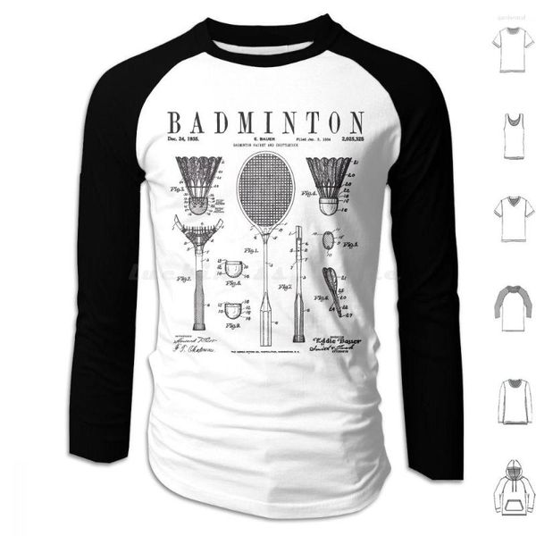 Moletons masculinos de badminton vintage antigos com estampa de patente e estampados de algodão com capuz de manga comprida para jogador amante