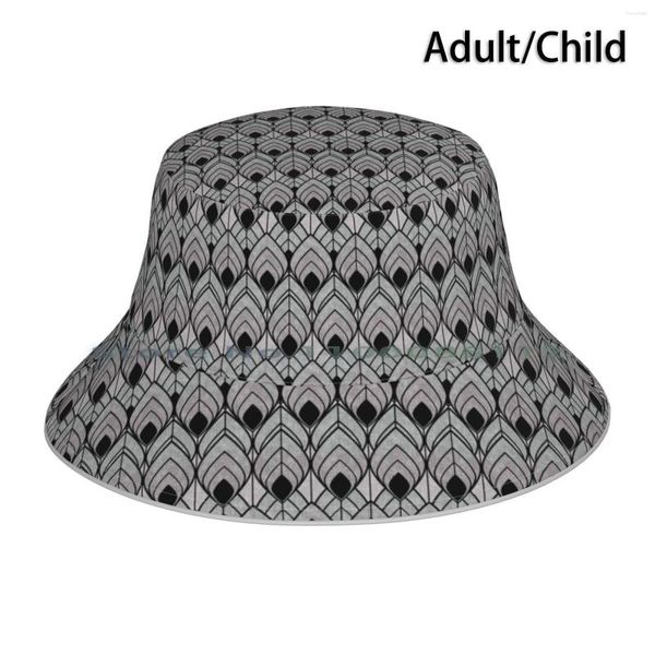 Berretti Art Déco. Grigio e nero. Cappello da pescatore Cappellino da sole Onde geometriche nere Linee testurizzate astratte Forme senza tesa