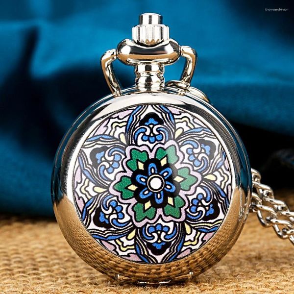 Orologi da taschino Argento piccolo fiore smalto pezzo caso collana al quarzo orologio moda regalo orologio ciondolo quadrante numeri arabi