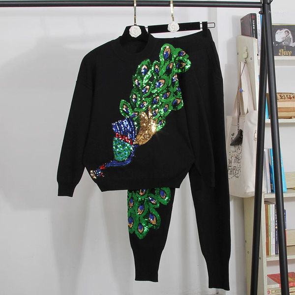 Pantaloni a due pezzi da donna Paillettes coreane Ricamo pavone Tuta lavorata a maglia Completi da donna Maglione lavorato a maglia nero sciolto Matita lunga 2 Set Donna