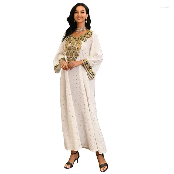 Vestuário étnico Muçulmano Vestido branco Vestidos de noite Dubai Turquia Mulheres Manga comprida Kaftan Abayas 2023 Eid Mubarak Islâmico Lantejoulas Boubou