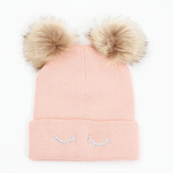 Gorros femininos de pele sintética com pompom chapéus de tricô de inverno masculinos unissex quentes de malha acrílica rosa presentes de dia dos namorados para ela