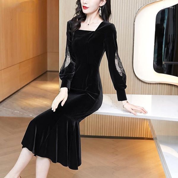 Abiti casual Corea elegante manica a lanterna velluto sexy colletto quadrato vita alta abito da sera nero midi femminile vestido E779