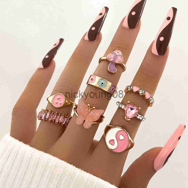 Bandringe Neue Bunte Emaille Schmetterling Kunckle Ringe Set Für Frauen Geometrische Kristall Herz Pilz Fingerring Mädchen Böhmischen Schmuck x0625