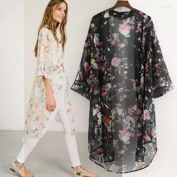 Blusas Femininas Casual Kimono Cardigan Senhoras 2023 Verão Longo Crochê Chiffon Preto Blusa Solta Floral Estampada Camisas Tops Preto