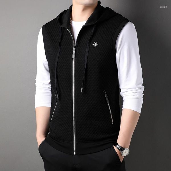 Gilet da uomo Gilet da uomo con cappuccio Primavera Autunno Cerniera Senza maniche Cotone Casual Giacche maschili Cappotti uomo nero di alta qualità Plus