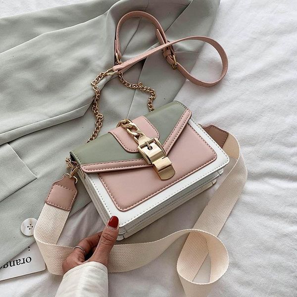 Einkaufstaschen Mode Kette Dame Sling Tasche Getäfelten Farbe PU Leder Umhängetasche Für Frauen 2023 Breiten Riemen Schulter Messenger Damen