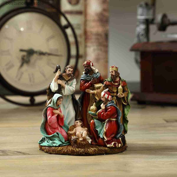 2023 Nova Estátua Conjunto de Presépio Bebê Jesus Manjedoura Berço Estatuetas Miniaturas Ornamento Igreja Decoração de Casa de Natal L230522