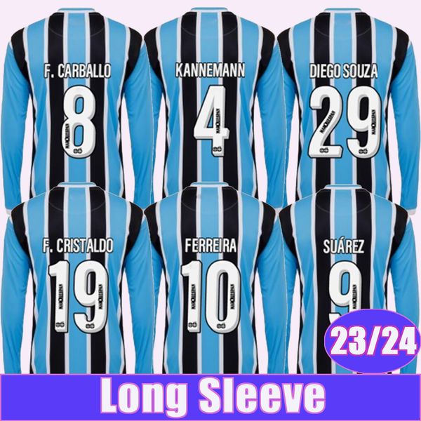 23 24 Camisetas de fútbol de manga larga de Gremio SUAREZ FERREIRA GEROMEL KANNEMANN F. CARBALLO F. CRISTALDO DIEGO SOUZA Camisetas de fútbol de local