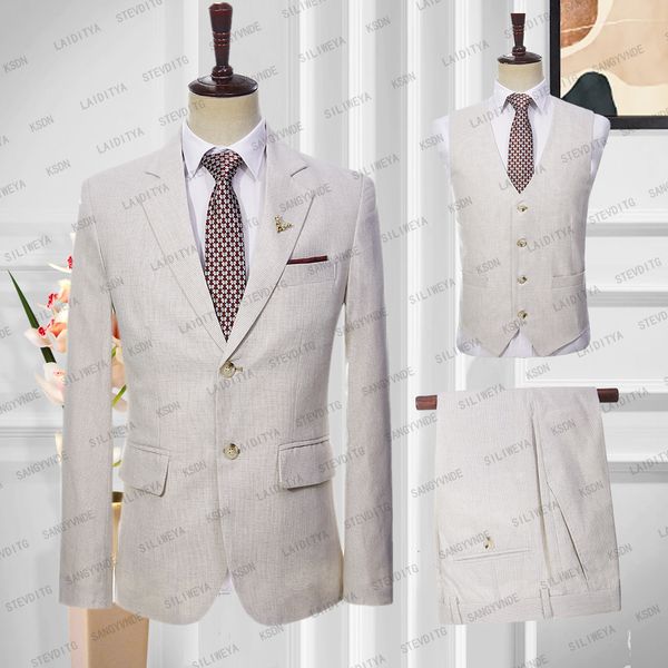 Мужские костюмы Blazers 2023 Жилетные жилеты High And Pure Khaki Linen Слим Формальная деловая свадьба Три пьеса 230625