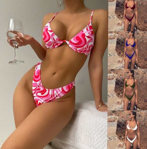 2023 sommer Frauen Versammelt Stahl Unterstützung Split Bikinis Badeanzug Push-Up Gepolsterte Low Taille Thongs Strand Wewar Bademode