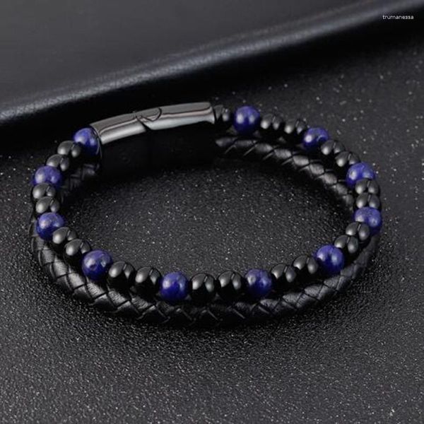 Strang Perlenstränge Trendy Double Classic Schwarz Magnetverschluss Geflochtenes Leder Naturstein Perlen Armbänder Für Männer Raym22