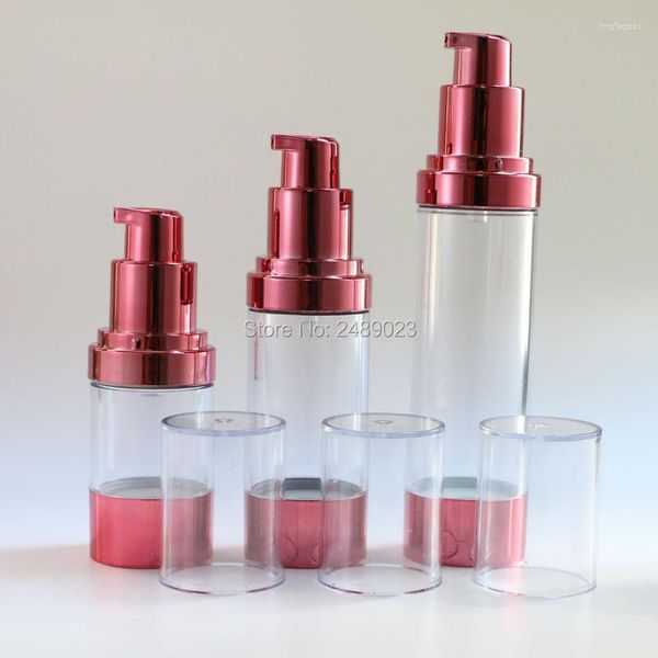 Bottiglie di stoccaggio Strumenti per il trucco Pacchetto cosmetico pompa senz'aria rosso rosa di alta qualità con tappo trasparente Bottiglia riutilizzabile 10 pz / lotto 30 ml