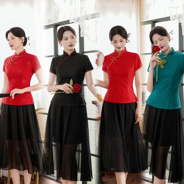 Ethnische Kleidung 2023 Chinesische traditionelle Spitze Hemd Frauen Sommer kurze Ärmel Bluse Dame National Hanfu Tops Plus Größe M bis 4XL