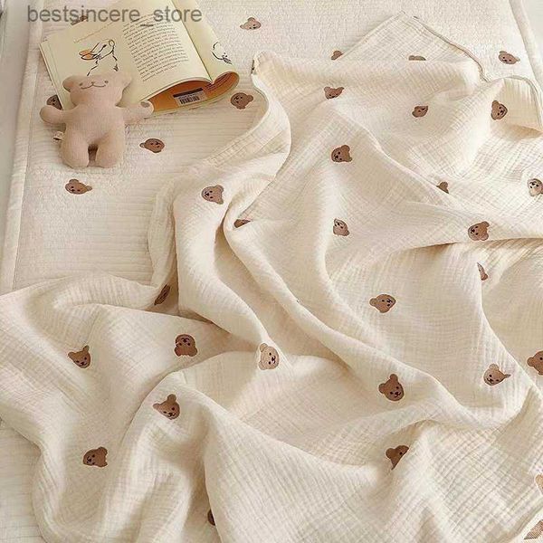 Coperta di garza a sei strati appena nato Simpatico cartone animato Coperta per dormire ricamata Biancheria da letto in cotone INS Telo da bagno avvolgente per bambini popolare L230522