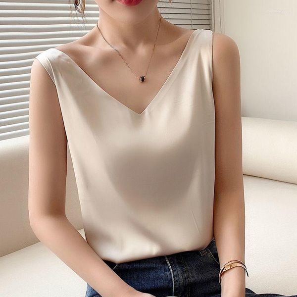 Kadınlar bluzları Vintage Blusas Mujer de Moda 2023 V Boyun Düz Renkli Kolsuz Yelek Gömlekleri Şık Saten All Match Alt Tasarım Duygusu