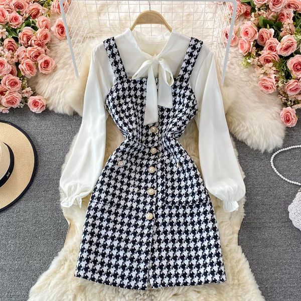 Vestidos de trabalho Pequeno Fragrância Tweed Minivestido Conjunto de Duas Peças Feminino Gravata Laço Camisa e Bolso Abotoado Lã Xadrez Suspensório Ternos