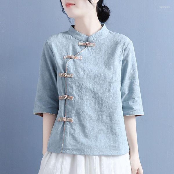 Abbigliamento etnico Camicia a maniche corte in cotone e lino Donna Stile cinese Retro fibbia Colletto inclinato Top sottile