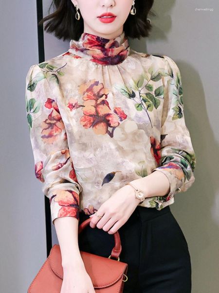 Женские блузки моды женские рубашки печатные шифоновая рубашка цветочная блузка с длинным рукавом Элегантная весенняя одежда сетка сексуальные женские топы