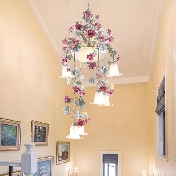 Candeeiros Pendente Estilo Pastoral Escada Coreano Romântico Feito à Mão Flor de Ferro Luminária Lanterna Rosa Lustres de Vidro Longo