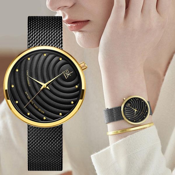 Relógios de pulso Relogio Feminino Moda Mulheres Relógios Preto Malha de Aço Relógio de Quartzo para Simples Elegante Ondulado Dial Pulseira Montre de Luxe Presentes A41