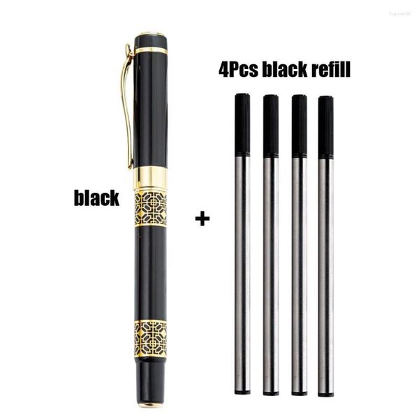 4pcs Business Roller Ball Pen Metal чернила резьба из золота черное дерево подписи канцелярские товары офисная школа написание шарики