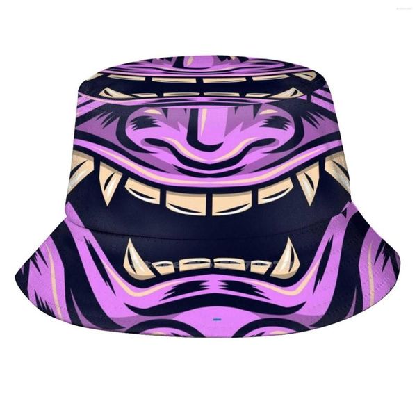 Berretti Fun Spooky Purple Monster Face Bocca Protezione UV Cappelli a secchiello pieghevoli Donna Uomo Grandi denti divertenti Spaventosi