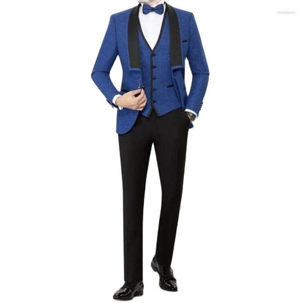Herrenanzüge, blau, glänzend, für den Abschlussball, Herrenanzug, Slim Fit, 3-teiliges Blazer-Set, schwarze Hose, lässige Mode, männliche Kleidung in Übergröße