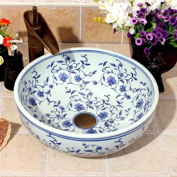 China pintura rosa azul pintura cerâmica arte lavabo banheiro vaso azul pias pintados à mão lavatórios huuoi