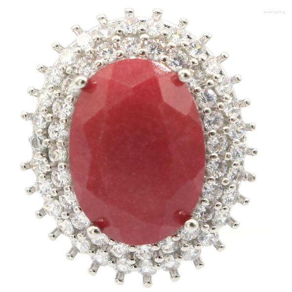 Anéis Cluster 27x23mm Linda Pedra Preciosa Oval Grande 18x13mm Rubis Vermelho Real Branco CZ Prata de Noivado Feminino