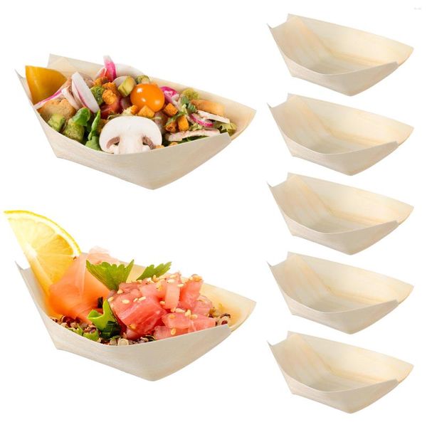 Dinnerware Conjunta 100 PCS Placas de barco de madeira de sushi descartáveis ​​que servem a placa de sobremesa de fone de ouvido da bandeja