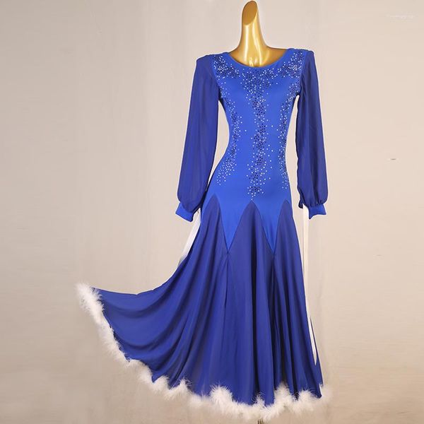 Vestimenta de palco Big Swing Vestido de competição de dança de salão azul com strass Penas de valsa Trajes sociais de rumba