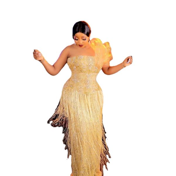 Plus Size Árabe Aso Ebi Gold Luxuosos Vestidos de Baile Brilhantes Cristais Beading Cristais Noite Festa Formal Segunda Recepção Aniversário Vestidos de Noivado Vestido