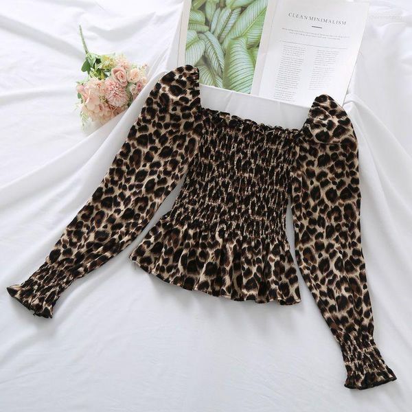 Женские блузки винтажные леопардовые топы женские модные модные квадратные квадратные воротничные рукава тонкий пуловер Lomg шифоновые рубашки женские